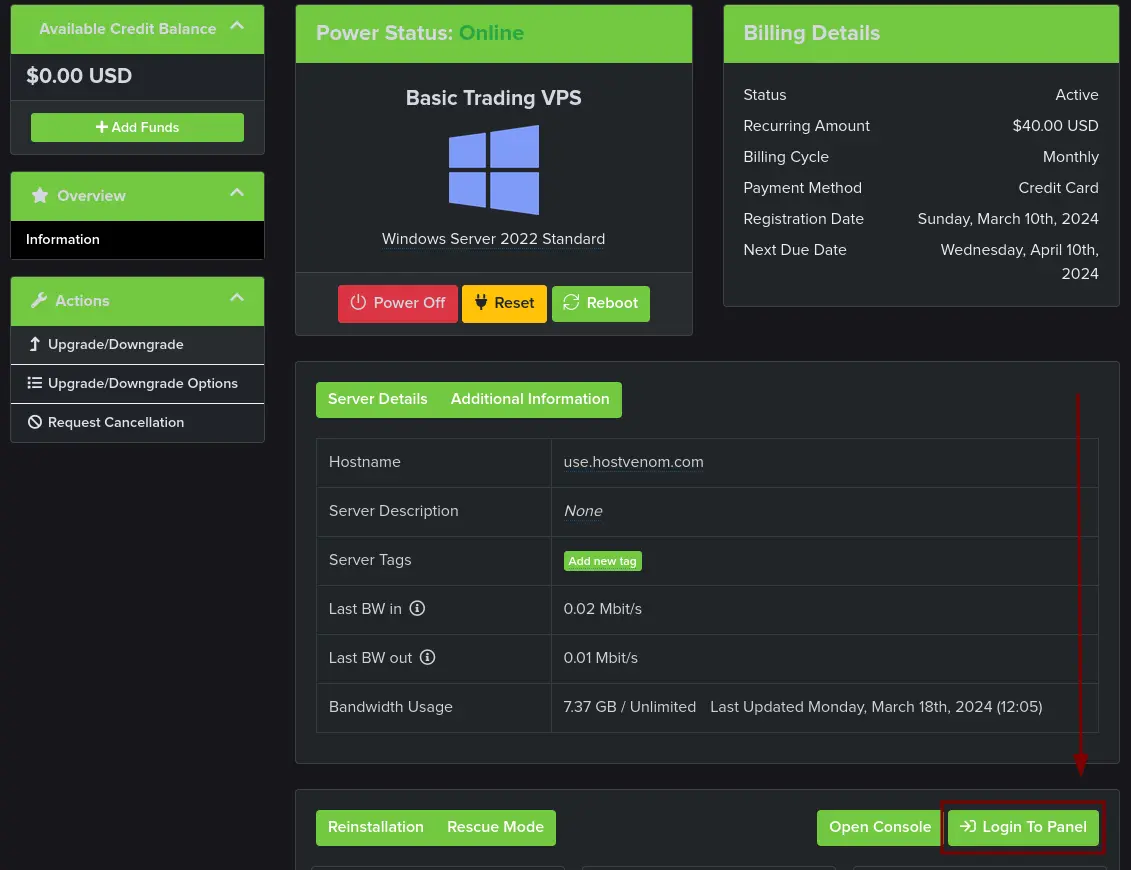 The page for an active service, the "Login To Panel" button is on the far right side of the 3rd panel from the top.