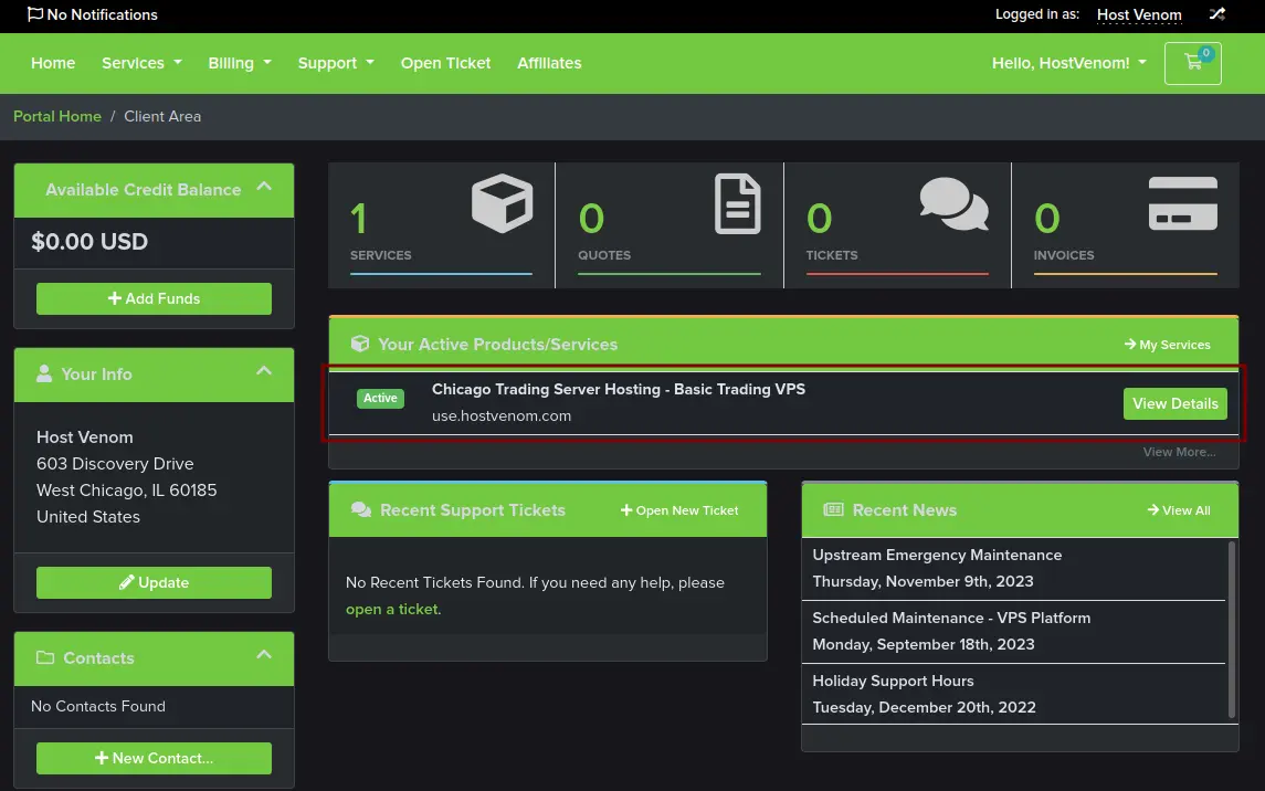 The Billing Portal with an active service in the center card.