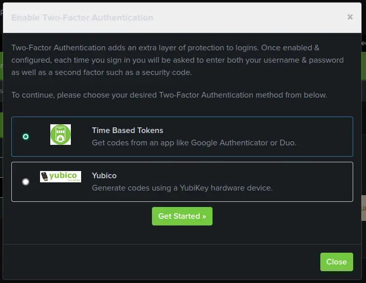 The Two-Factor Authentication modal with 2 options, "Time Based Tokens" and "Yubico".