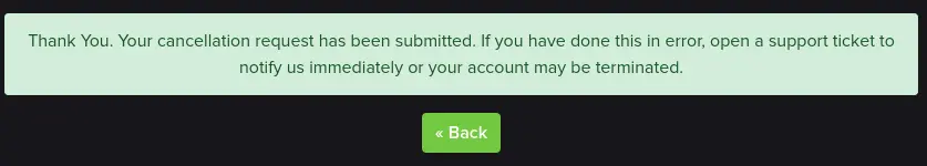The Account Cancellation Request submitted page