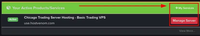 The "Your Active Products/Services" pane with a "Manage Server" button on the right side of each entry.