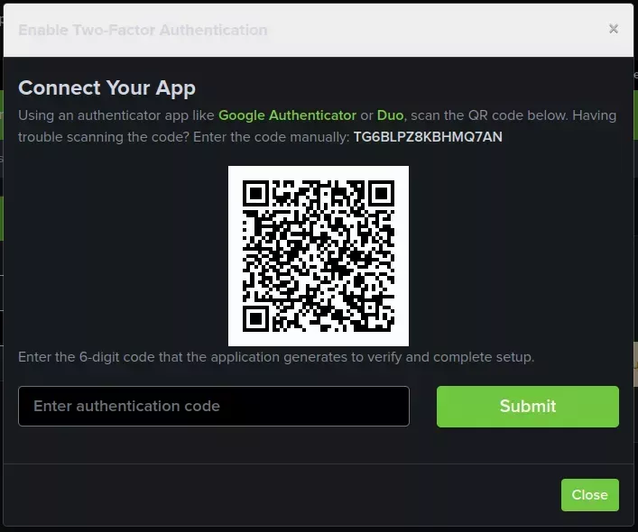A modal titled "Connect your app" with a 2D QR code in the center and the alphanumeric code located above it, to the left, and in bold. Below that is a text box titled "Enter authentication code" with a button labeled "Submit" on the right.