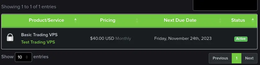 A Service in the Billing Area Services list