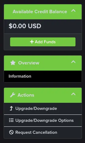 The "Action" pane located under the "Available Credit Balance" and "Overview" panes on the left side of the web page.