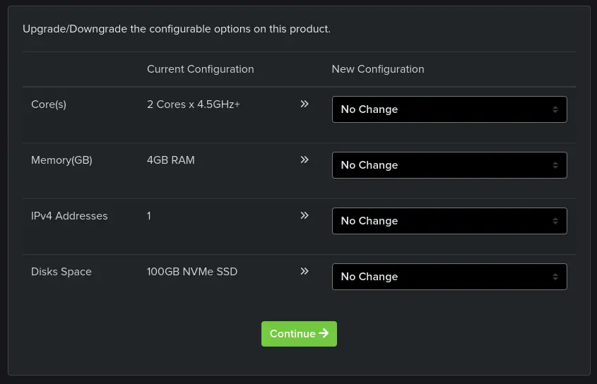 A list of options that can be configured for the upgrade, containing a column for the option name, "Current Configuration", and "New Configuration".