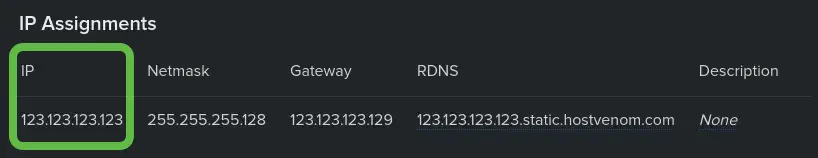 The "IP Assignments" pane on a the VPS Service with the first column on the far left "IP" highlighted.