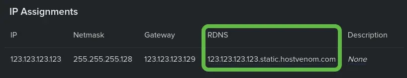 The "IP Assignments" box with your active IP Assignments and 5 columns, the 4th being "RDNS".