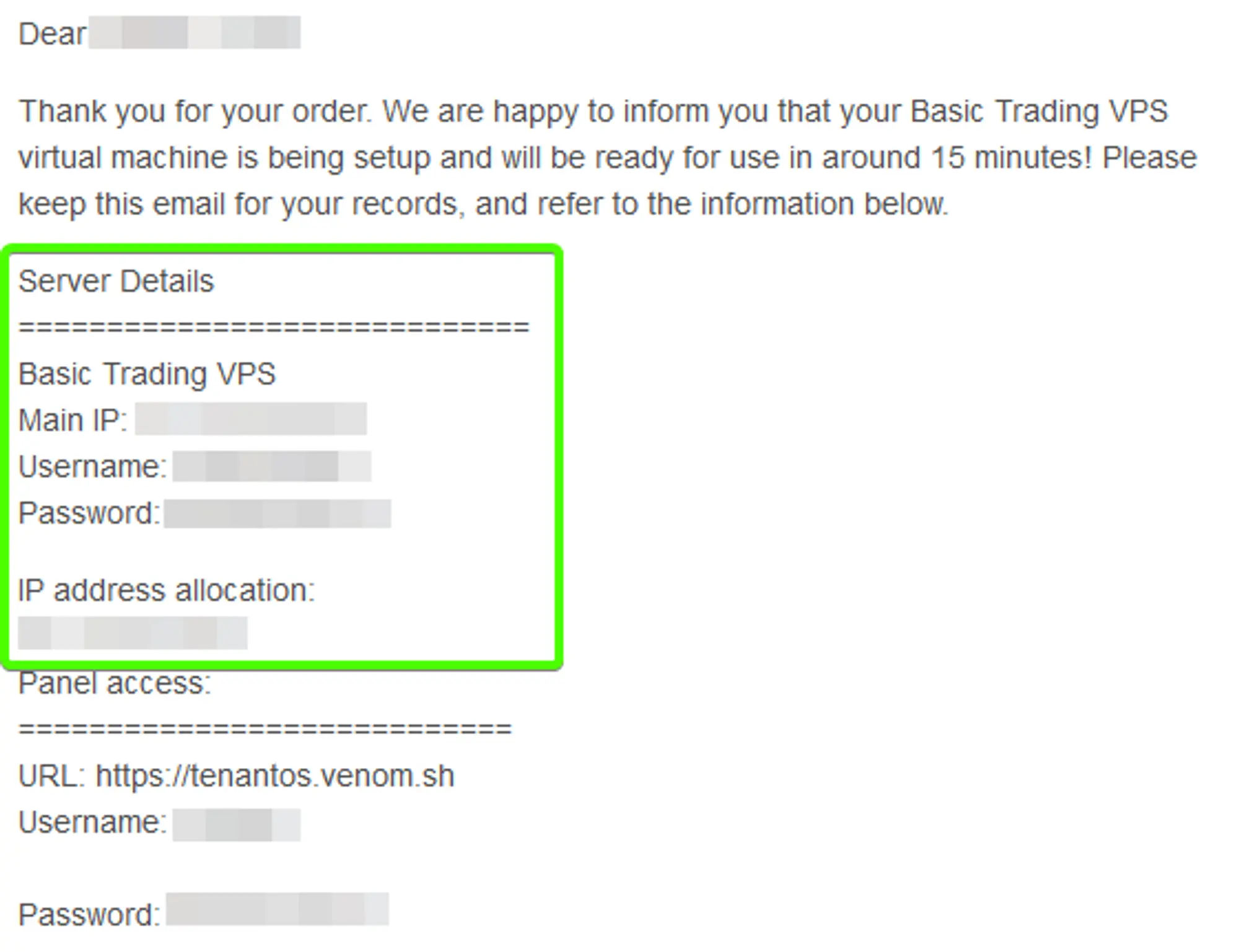 The VPS Welcome email for a Basic Trading VPS with a box surrounding the “Server Details” section in the middle.