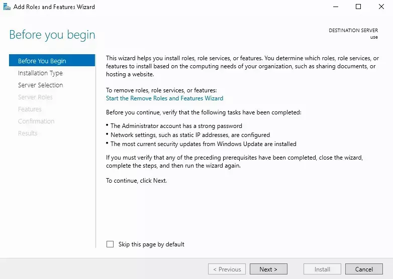 The "Add Roles and Features Wizard" Windows application open to the initial state titled "Before you begin".