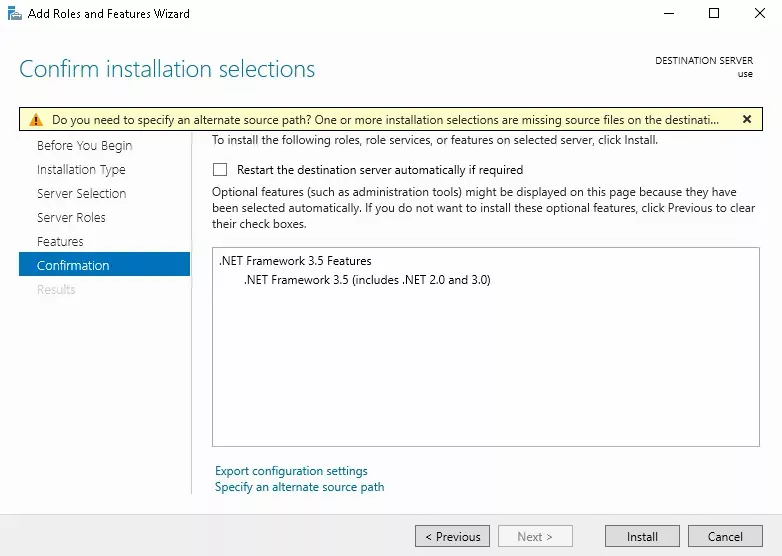 The "Confirm installation selections"/"Confirm" step of the "Add Roles and Features Wizard" with the selected features to confirm filling the center of the wizard and the "Restart the destination server automatically if required" toggle in the above it.