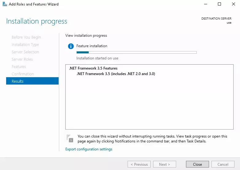 The "Installation Process"/"Results" step of the "Add Roles and Features Wizard" with a progress bar above the features selected to install.