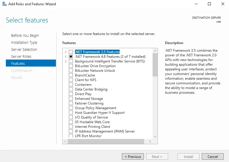 The "Features" step of the "Add Roles and Features Wizard" with the first option of the "Features" list selected. The current step is indicated on the right of the wizard and the "Features" list is in the center titled "Features".