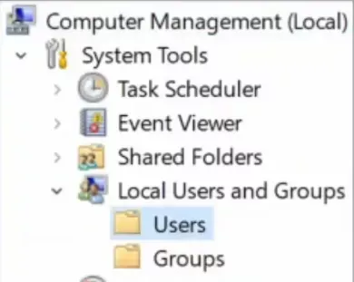 The "Computer Management" sidebar with the "Local Users and Groups" section opened to a "Users" folder that has a folder icon.