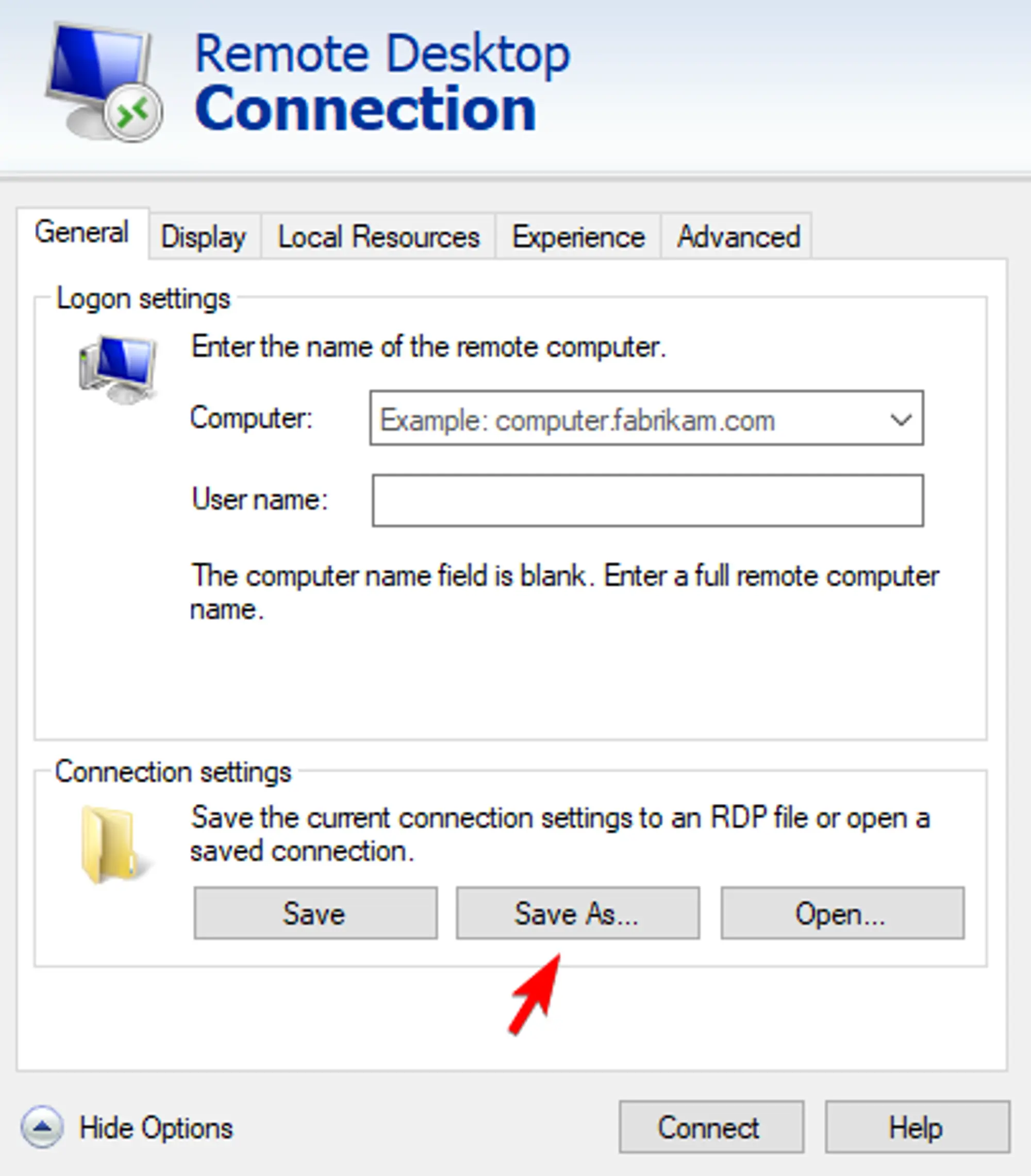 The Remote Desktop Connection Application with the "Show Options" drop down extended and the "Connection settings" section highlighted at the bottom of the window, containing the "Save As..." button in the center.
