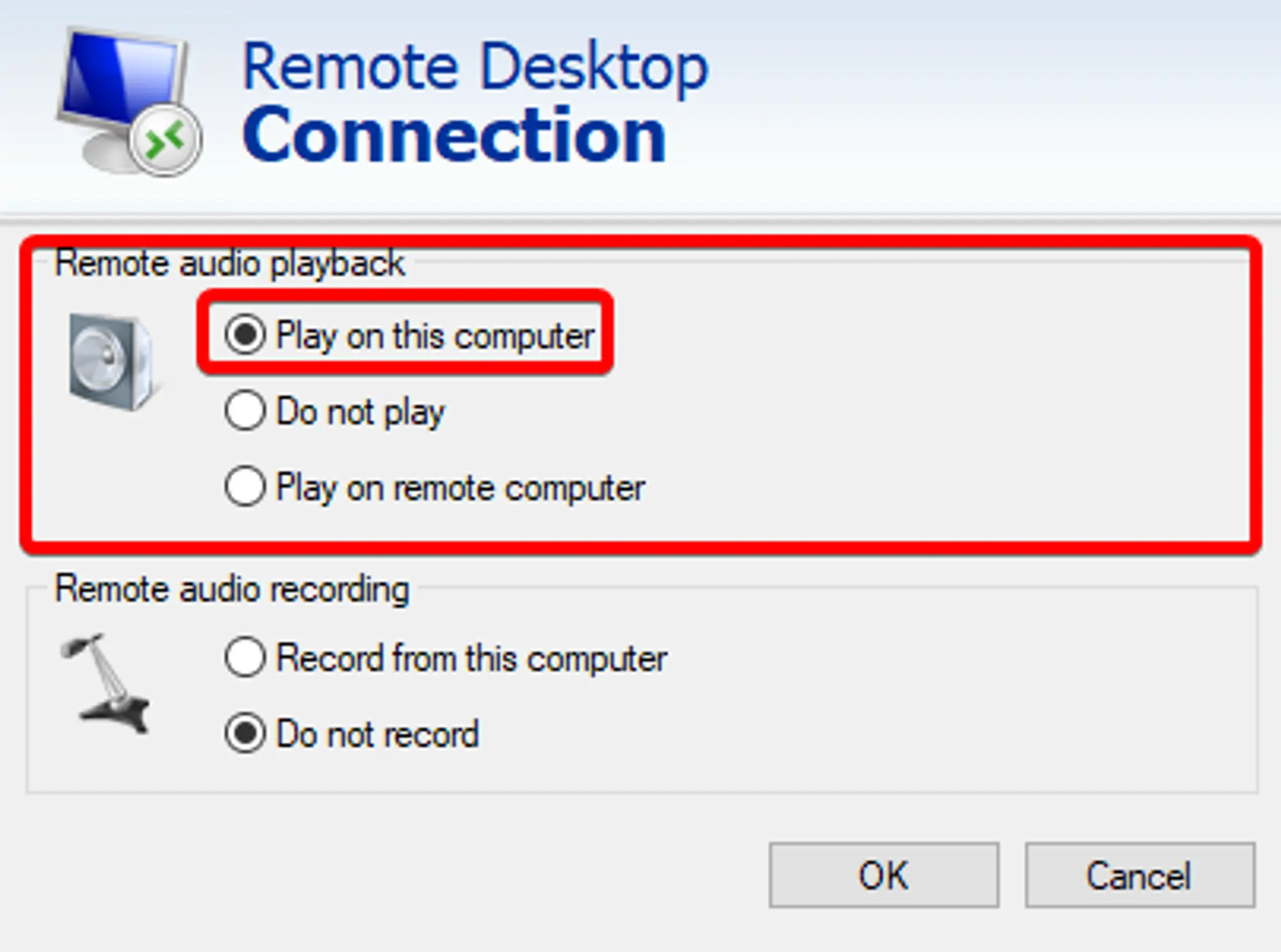 The Windows Remote Desktop Client’s “Remote Audio → Settings” window with the “Play on this computer” radio button selected.