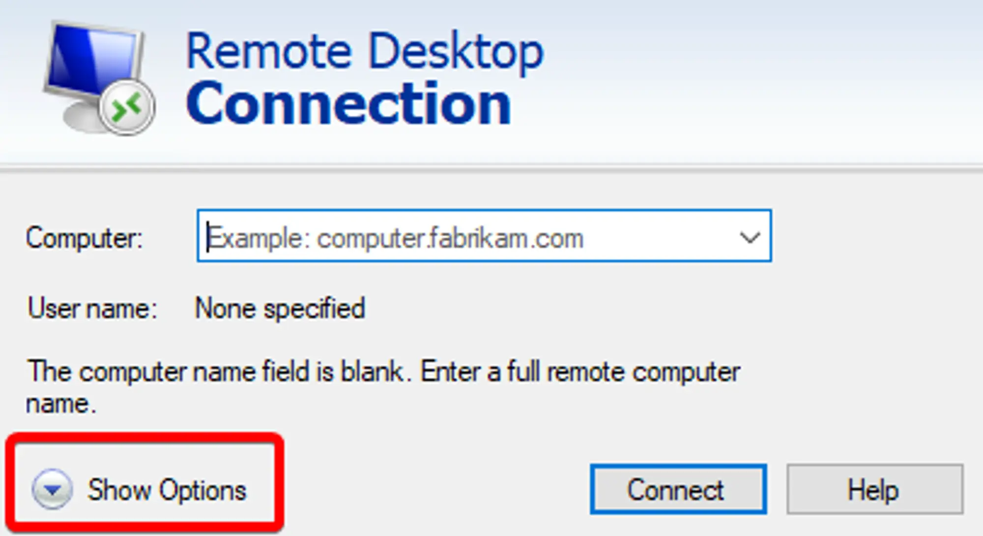 The "Show Options" dropdown in the Remote Desktop Connection application located in the bottom right hand corner of the window.
