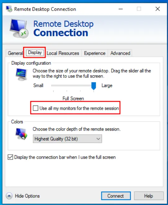 The "Display" tab of the Remote Desktop Connection Application, located second from the left when the "More Options" dropdown is expanded. The "Use all my monitors for the remote session" is located in the "Display configuration" section.