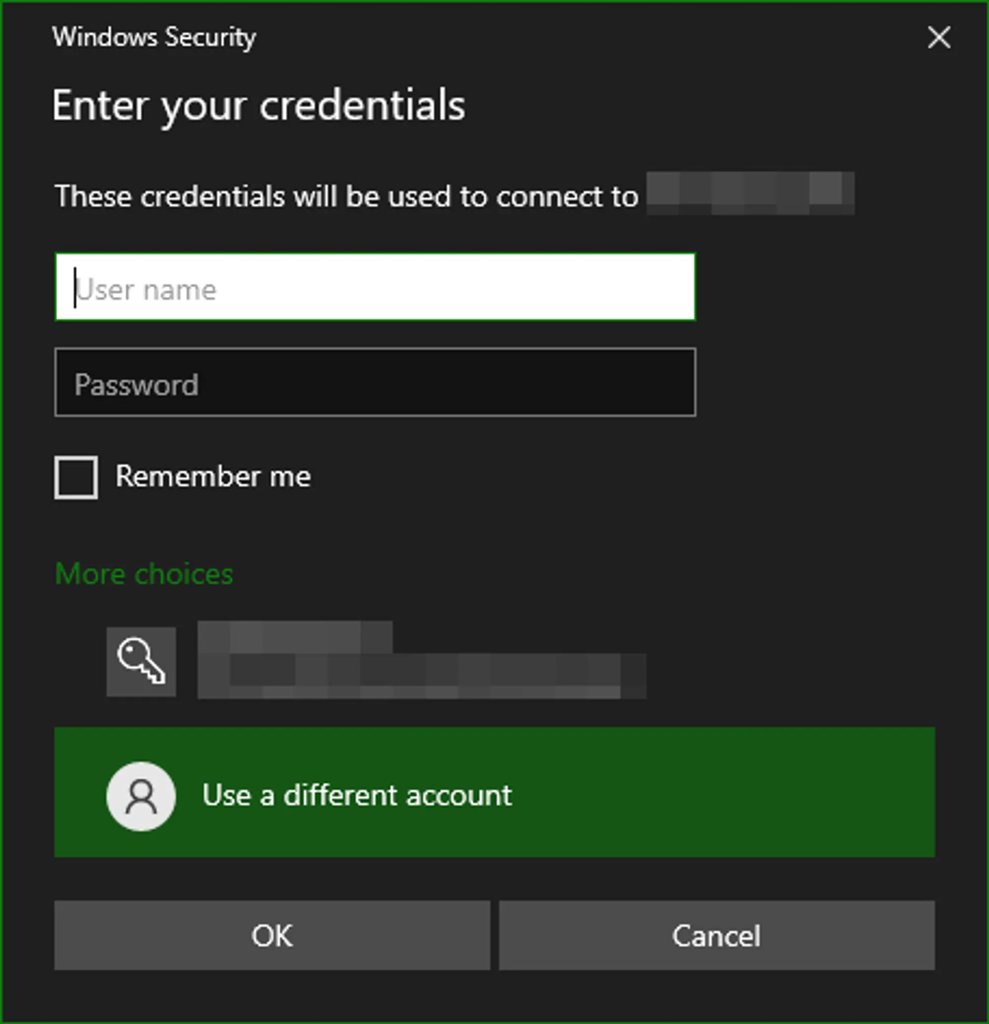 A Windows Security popup with both a username and password screen, and the “More choices” toggle expanded. Below “More choices” is the current Windows account and the option to “Use a different account”.
