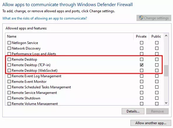 The "Allow an app through Windows Firewall" Windows Control Panel section with the "Remote Desktop","Remote Desktop (TCP-in)", and "Remote Desktop (WebSocket)" entries highlighted.