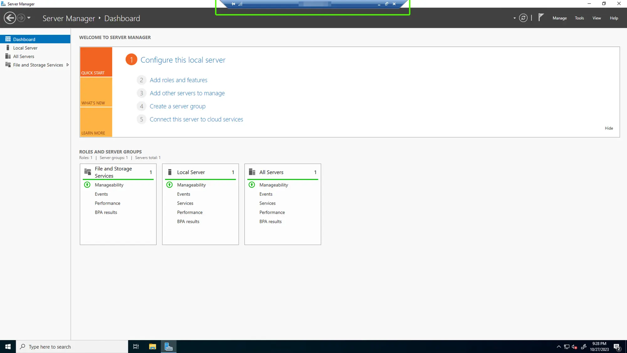 The Windows Server Manager opened on the Windows Server desktop.