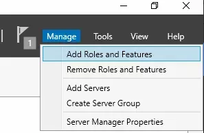 The top right of the Server Manager application with the "Manage" section selected from the toolbar and the first option, "Add Roles and Features" highlighted.