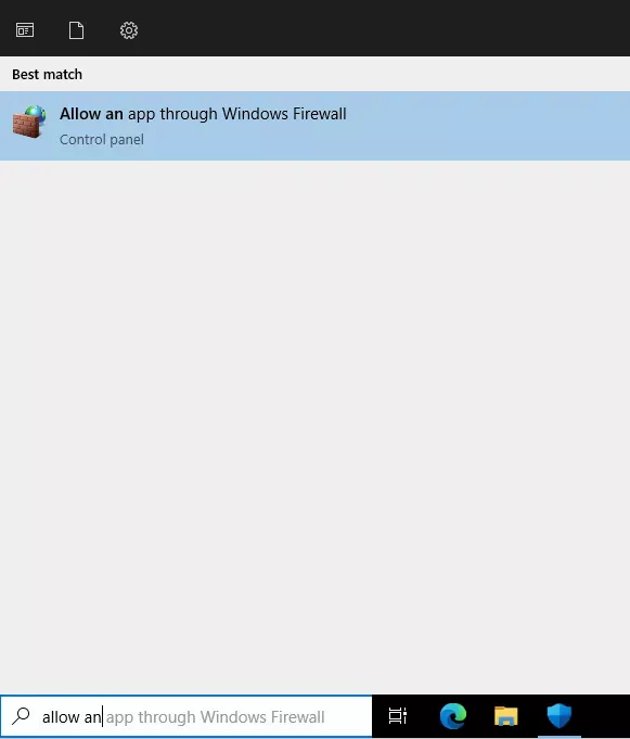 The Windows Start menu with "allow an" in the search bar and the "Allow an app through Windows Firewall" as the only result