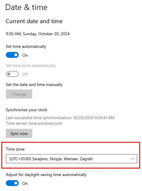 The "Date & Time" section of Windows Settings showing the "Time zone" section with a dropdown below the header.