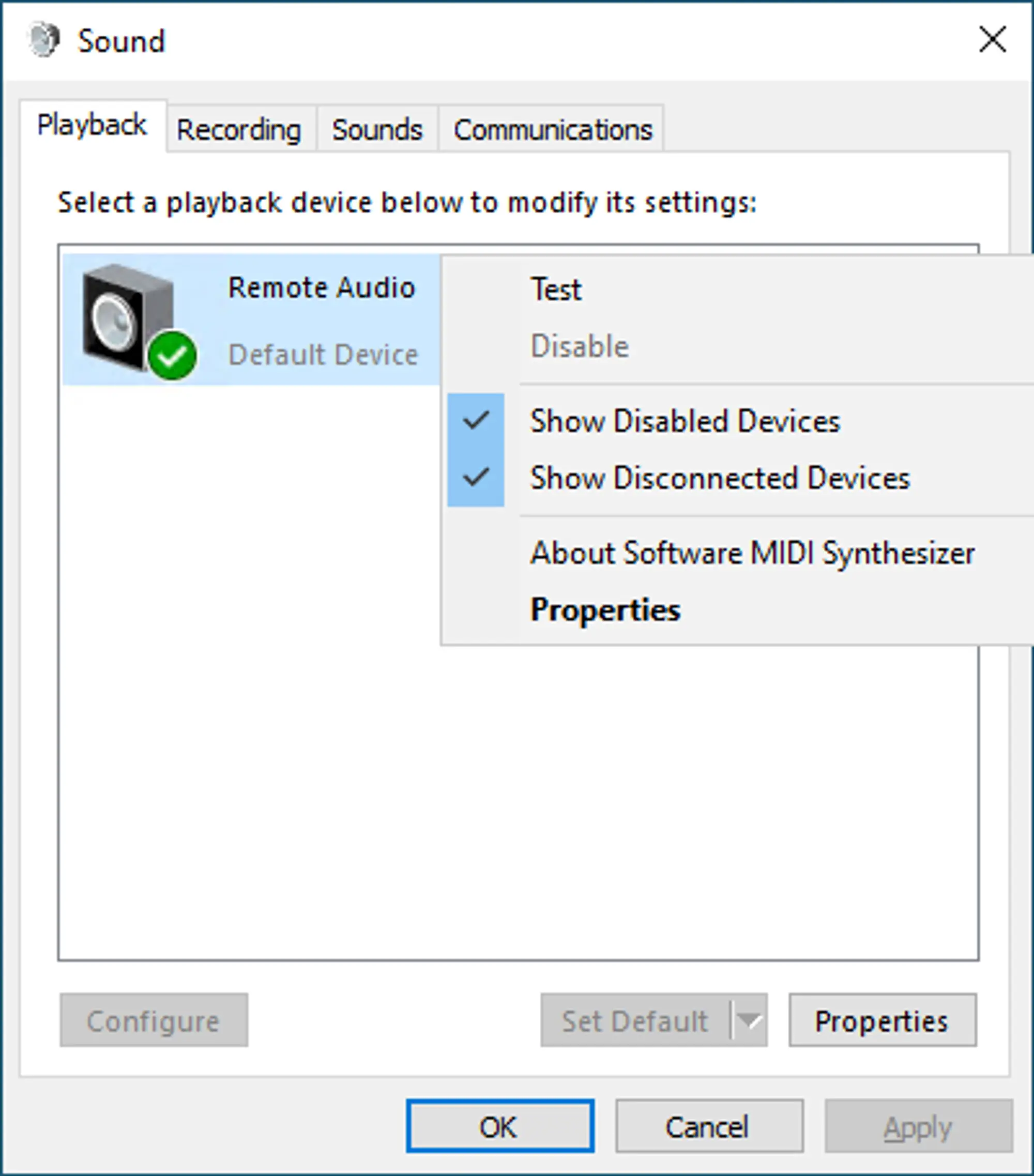 The Windows "Sound" settings page with the "Remote Audio" device selected and the context menu displayed. The "Test" option is the first entry in the context menu.