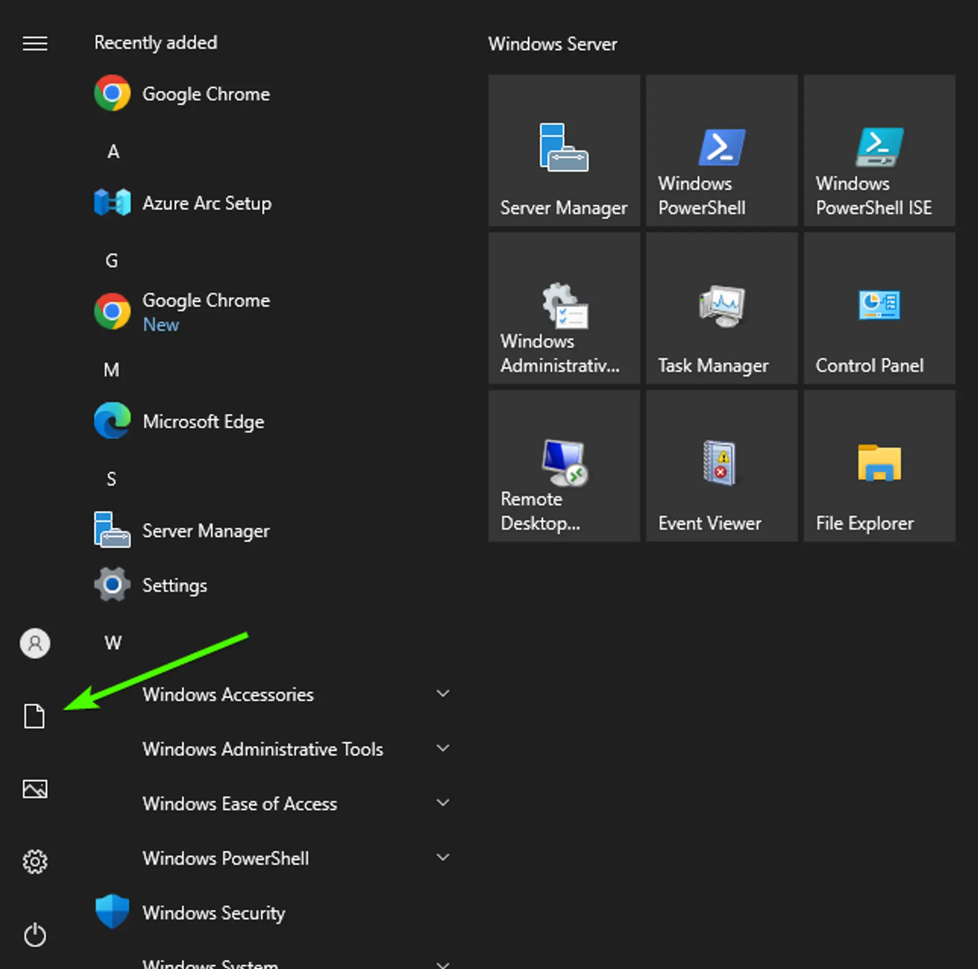 The Windows start menu with the Documents icon on the left side of the menu, displayed as a paper with a folded top right corner