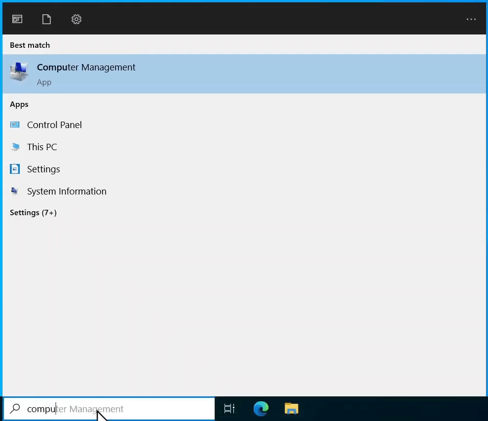 The Windows Start Menu with the start of the words "Computer Management" entered and the "Computer Management" app appearing in the results.