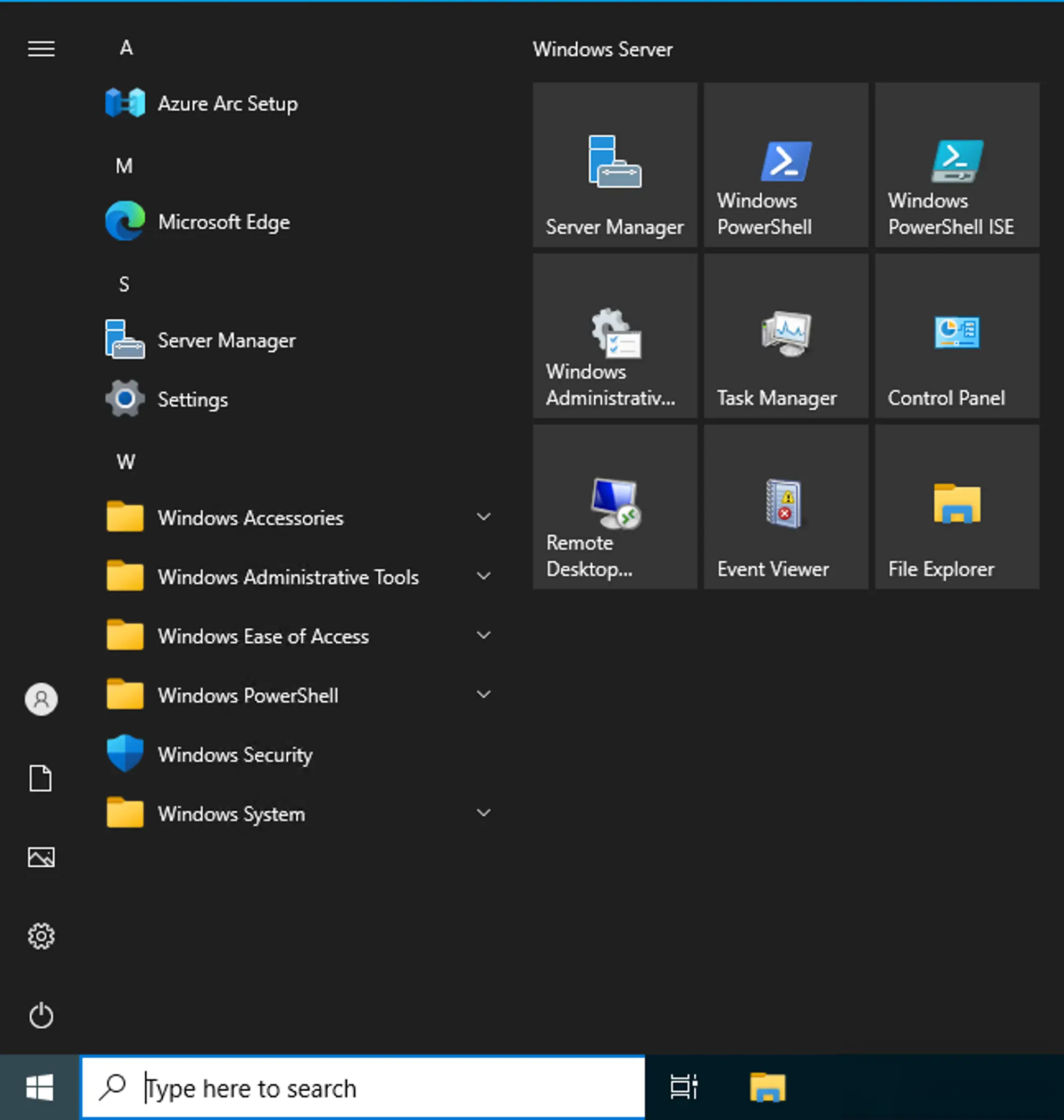 The Windows Start menu after a fresh Windows Server install. Microsoft Edge is the second program entry on the left side under the header “M”
