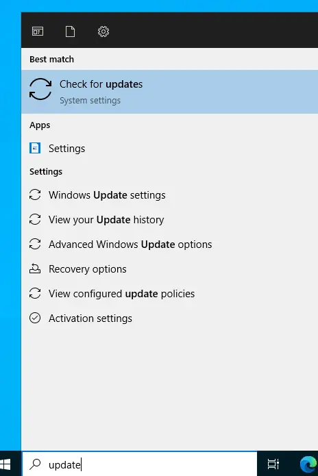 The Windows Start menu with the word "update" in the search box and "Check for updates" as the first result.
