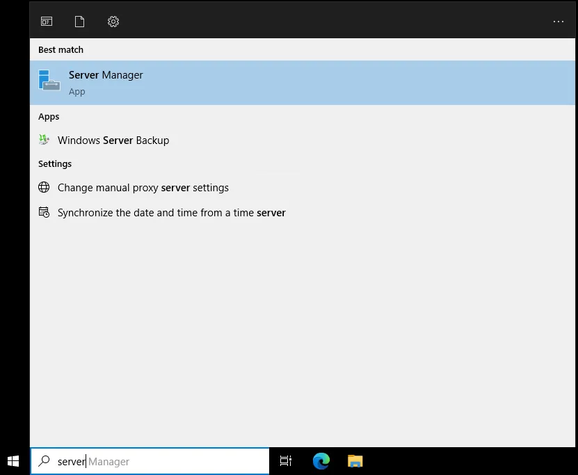 The Windows Start menu searching for "server" and returning the result "Server Manager".