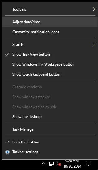 The context menu from right clicking on the time/date on the right side of the Windows Task bar with "Adjust date/time" as the second entry from the top.