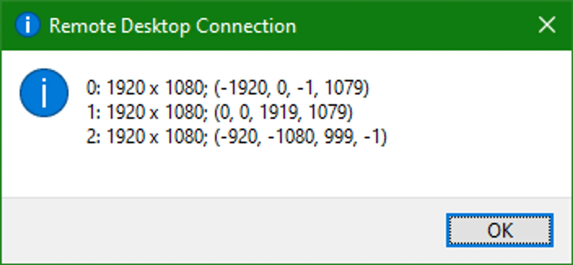 The output of the "mstsc /l" command in a window titled "Remote Desktop Connection", showing a 0 indexed list of monitors, their resolutions, and relative positions.
