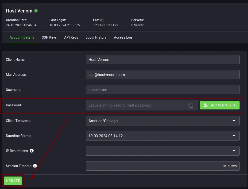 The "My Account" page of the Server Control Panel, with the Password field as the 4th item from the top and the "UPDATE" button located on the bottom left.