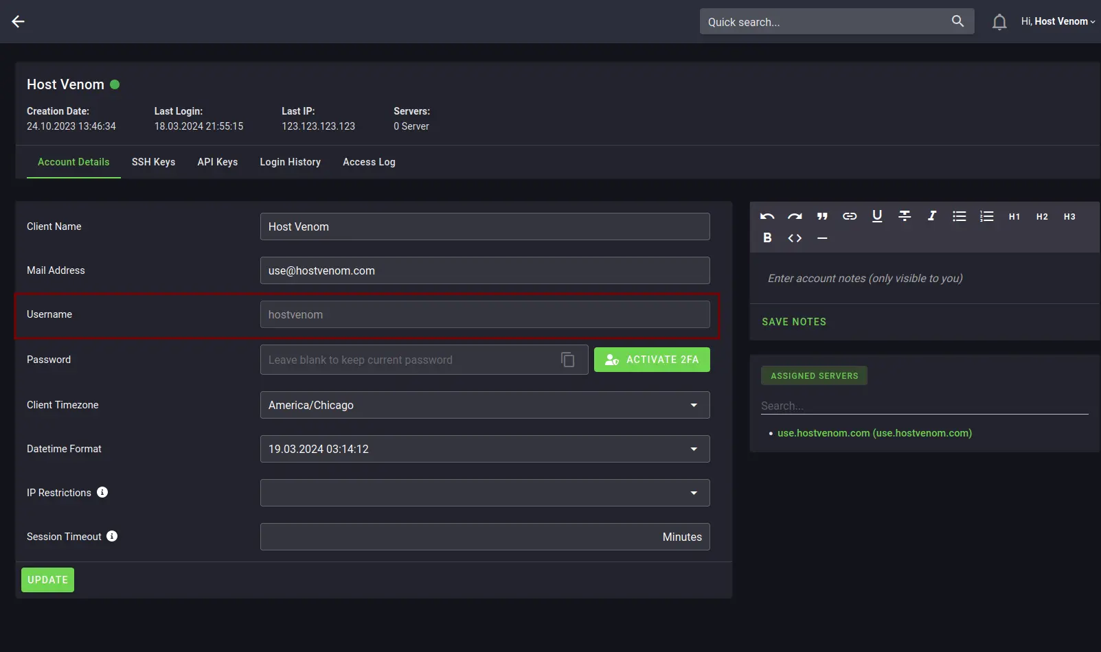 The "My Account" page of the Server Control Panel, with the Password field as the 4th item from the top and the "UPDATE" button located on the bottom left.