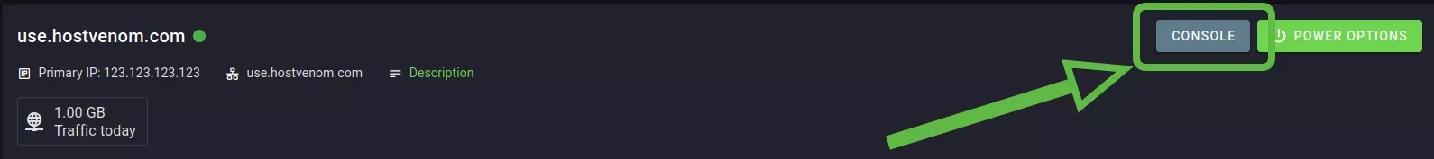 The "Console" button located on the top right of a server's header on the left side of the "Power Options" button.