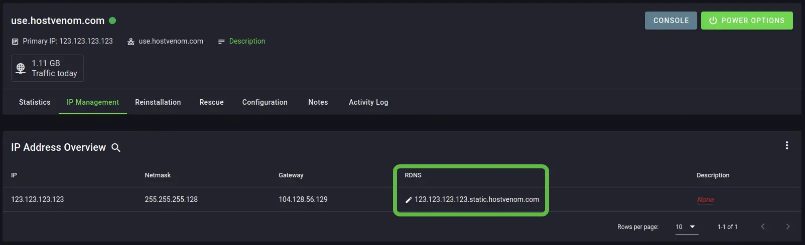 The page for a VPS in the Server Control Panel with the "IP Management" tab selected and the 4th column in the "IP Address Overview", labeled "RDNS", highlighted.