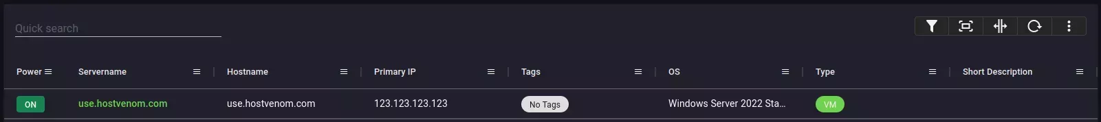 The Server Control Panel home listing your active servers with the "Servername" column as the second column.