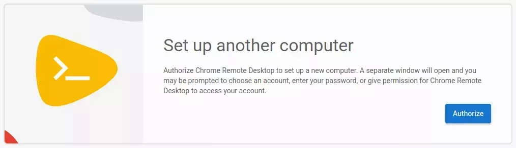 A card titled "Set up another computer" which has a short paragraph going over the authorization steps, and a blue button in the bottom right hand corner titled "Authorize".