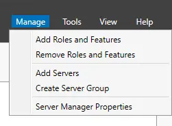The "Manage" section of the Server Manager's Menu bar, located on the top left side of the Server Manager.